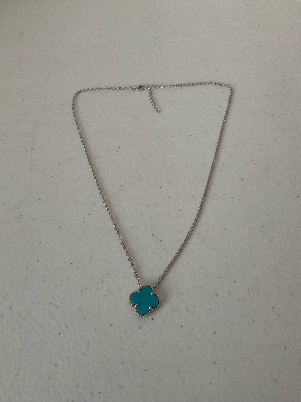 Silver Tone Necklace with Turquoise Clover Pendant